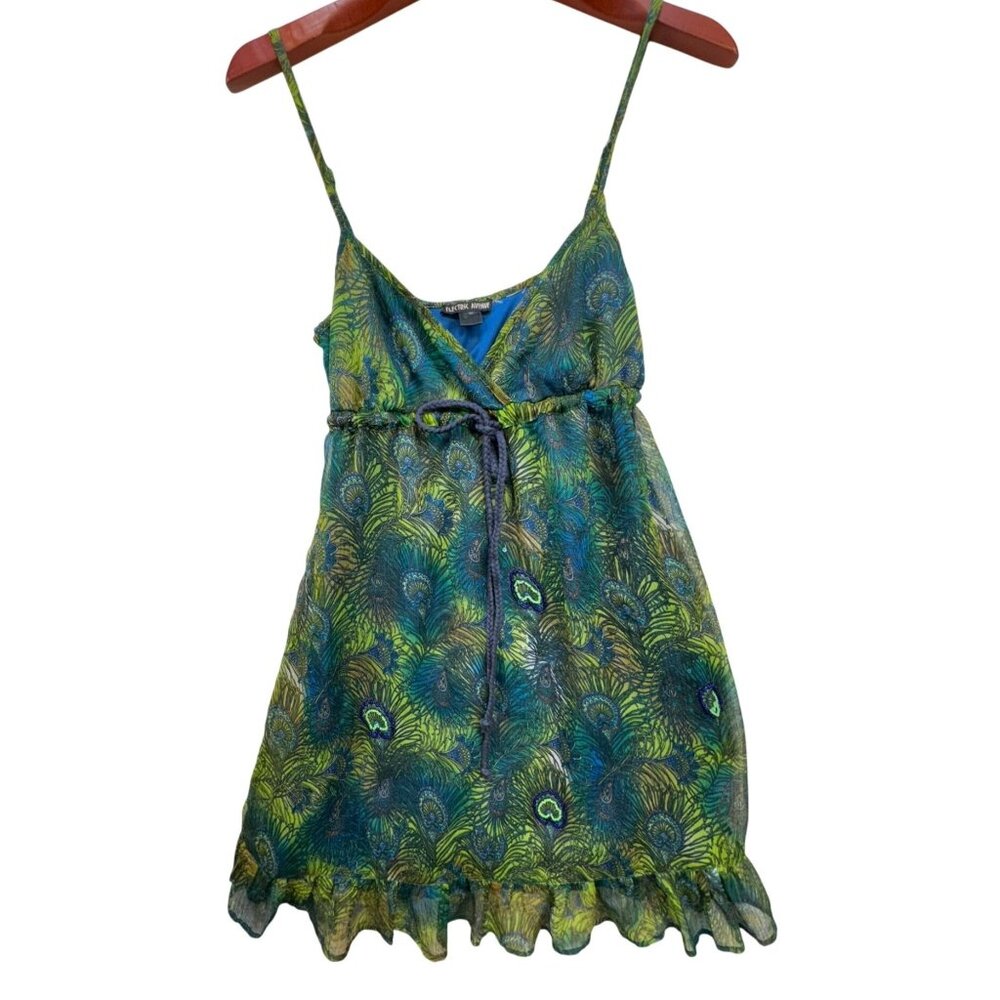 Electric Avenue Womens Peacock Print Babydoll Mini Sundress M Blue Green Y2K